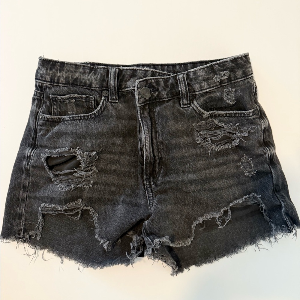 American Eagle Distressed Black Asymmetrical Button Cutoff Denim Shorts - Size 2